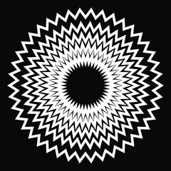 ornament with zigzag elements and circular white pattern isolated on black background