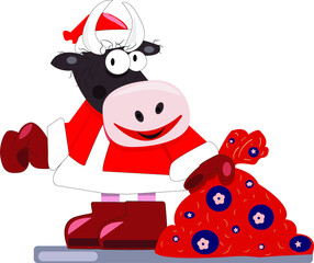 The symbol of the new year is a bull with gifts in a Santa costume
