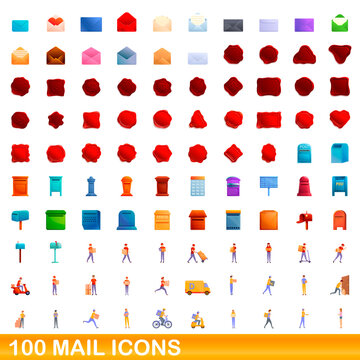 100 mail icons set. Cartoon illustration of 100 mail icons vector set isolated on white background
