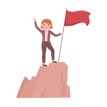 Woman Leadership With Flag On A Mountain Peak, Business Success