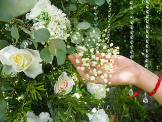 Hand holding flowers in the park