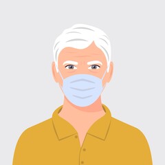 Portrait of an elderly man with medical mask. Virus and disease prevention. Elderly male character wears medical mask. Protection from polluted air. Flat vector illustration.