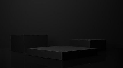 Dark black 3d background with Square shape podium luxurious style. Platforms for product presentation Abstract composition design, showcase product is black , copy space