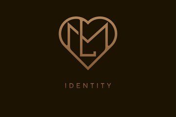 Abstract initials L and M logo, gold colour line style heart and letter combination, usable for brand, card and invitation, logo design template element,vector illustration - obrazy, fototapety, plakaty