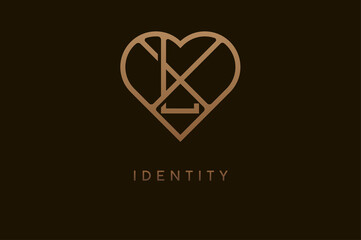 Abstract initials L and X logo, gold colour line style heart and letter combination, usable for brand, card and invitation, logo design template element,vector illustration