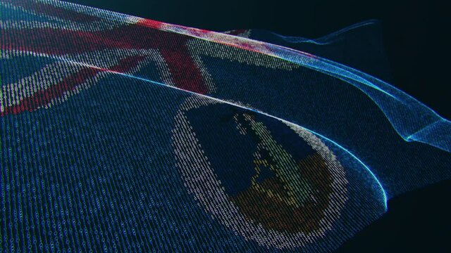 3d render. Montserrat digital flag with binary code texture flies in the wind. Seamless loop.