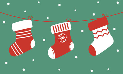 Vector Christmas sock on a green background with snow.