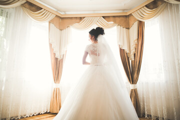 Gorgeous bride in robe posing and preparing for the wedding ceremony face in a room