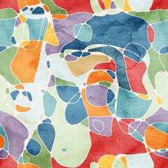 Seamless watercolor paint fills negative space between scribbled lines naive children surface design. High quality illustration. Joyful happy craft style. Retro optimistic design.