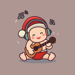 cute baby vector wearing christmas costume and playing guitar with hearing music. kids christmas character playing guitar and singing