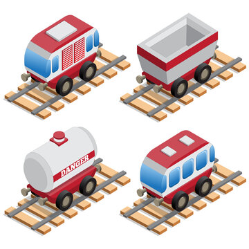 Railway locomotive and wagons. Isometric. Isolated on white background. Vector illustration.