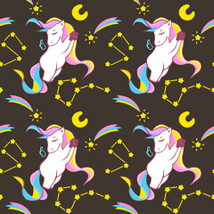 Seamless, endless pattern with white unicorns, rainbow and stars. Isolated on dark background. Unicorn pattern. Vector eps 10 format