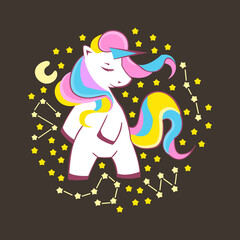 Cute Unicorn, funny unicorn surrounded by stars and constellations, illustration of character design, can be used for T-shirt prints