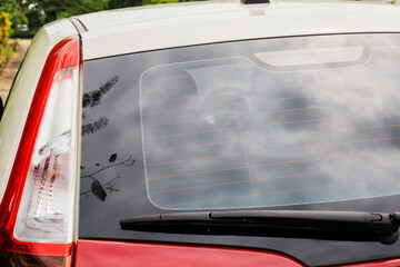 Back view of red car window for sticker mockup