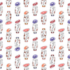 Seamless pattern with different guinea pigs and watercolor mushrooms. Animalistic vector background. Multicolor. Can be used for wallpapers, pattern fills, textile, surface textures.