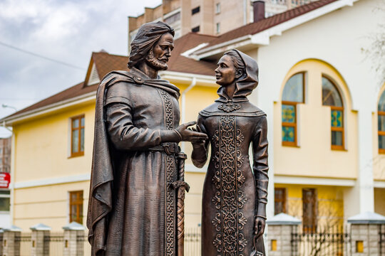Obninsk, Russia - November 18, 2017: Monument to the Holy Pious Prince Peter and Princess Febronia of Murom (Fevronia Muromskie) - Orthodox patrons of the family, love and fidelity

