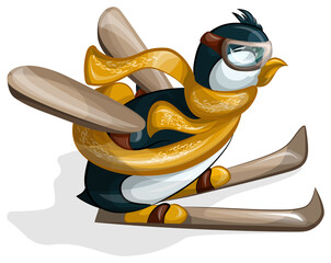 Vector image of a penguin in a comic form with wooden wings and skis rushing towards the goal. Cartoon. Concept. EPS 10 © Ekaterina