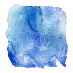 Isolated light blue watercolor paint blob on the white paper background. Design template, element
