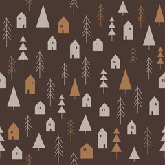 Seamless Christmas pattern with trees and houses in the Scandinavian style. Winter festive retro style background