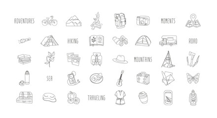 Large set of 40 icons. Summer camping trip, tourism or hiking outline icons. Mountains, tent, backpacks, bonfire, trailer and more