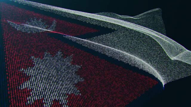 3d render. Nepal digital flag with binary code texture flies in the wind. Seamless loop.