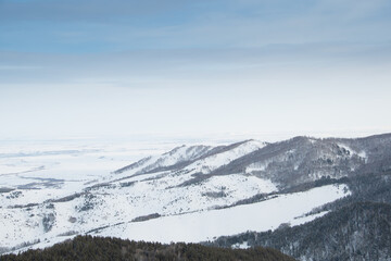 Gentle slopes of forest hills are covered with first snow. View of mountain valleys and ridge on horizon.