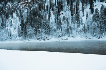 Dark snow forest near winter river. Lake shore is covered with ice and frost. Light frosty haze over water from cold.