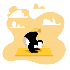 Fototapeta premium Cute cartoon penguin is doing yoga. Balancing asana requires concentration and strength and brings joy and peace. Funny character enjoys the process and is a nice little guru. Vector llustration.
