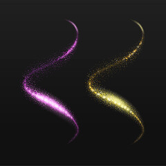 Gold confetty sparkling spiral and pulple glittering shiny spiral on black background. Abstact glittering wave