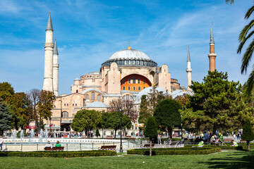 Istanbul, Turkey - September 2020:.Hagia Sophia or Ayasofya is the former Greek Orthodox Christian patriarchal cathedral, later an Ottoman imperial mosque and museum and one of seven wonders.