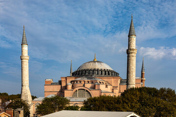 Fototapeta na wymiar Istanbul, Turkey - September 2020:.Hagia Sophia or Ayasofya is the former Greek Orthodox Christian patriarchal cathedral, later an Ottoman imperial mosque and museum and one of seven wonders.