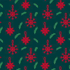 Fototapeta na wymiar Christmas background snowflakes Christmas decorations. Magic vector Christmas tree decorations red toys in a circle of green foliage. In a linear style pattern for textiles for the New year. Festive