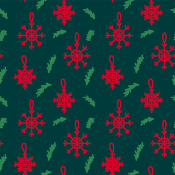 Christmas background snowflakes Christmas decorations. Magic vector Christmas tree decorations red toys in a circle of green foliage. In a linear style pattern for textiles for the New year. Festive