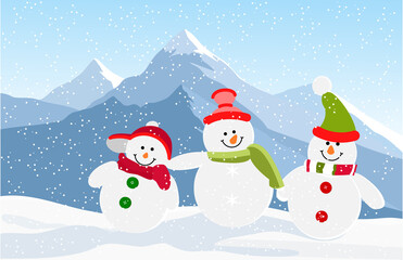 Cartoon Snowman and snow falling on mountain illustration.