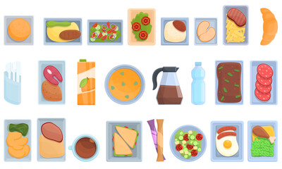 Airline food icons set. Cartoon set of airline food vector icons for web design