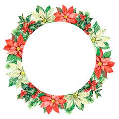 Watercolor christmas frame, decorative wreath with poinsettia flowers and spruce branches, new year wreath