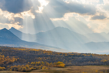 Vast prairie and forest in beautiful autumn. Sunlight passing blue sky and clouds on mountains. Fall color landscape background. Waterton Scenic Spot, Waterton Lakes National Park, Alberta, Canada.