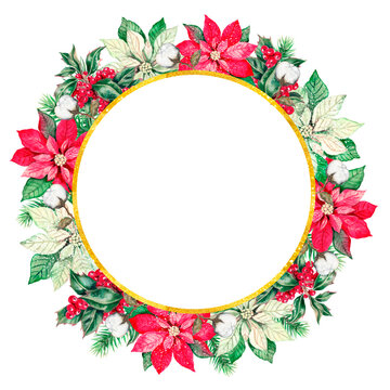 Watercolor christmas frame, decorative wreath with poinsettia flowers and spruce branches, new year wreath