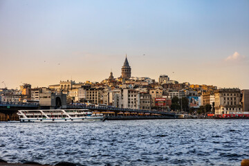 Fototapeta premium Istanbul, Turkey - September 2020: Panorama with Galata Tower, built in the 14th century by the Genoese colony as part of the defense wall, now touristic attraction and city landmark