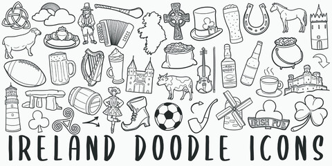 Ireland, doodle icon set. Irish Style Vector illustration collection. Banner Hand drawn Line art style.