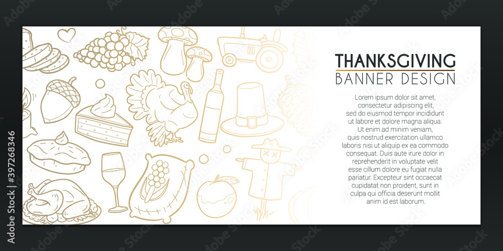 Wall mural thanksgiving banner doodles. american background hand drawn. holidays illustration. sea vector horiz