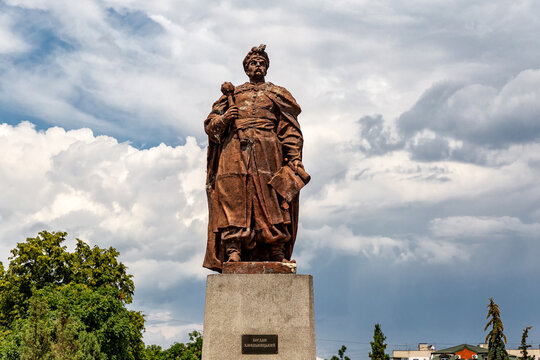 Khmelnitsky. Ukraine. June 19, 2020. Bronze monument to Bohdan Khmelnitsky with a mace on the square near the railway station. Most known city monument and original symbol of Khmelnitsky.