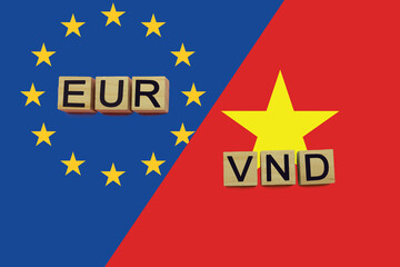 United Europe and Vietnam currencies codes on national flags background