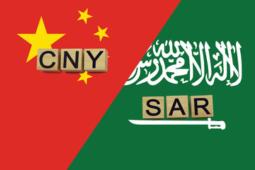 China and Saudi Arabia currencies codes on national flags background