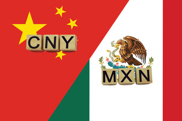 China and Mexico currencies codes on national flags background