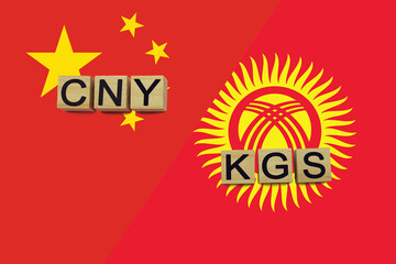 China and Kyrgyzstan currencies codes on national flags background