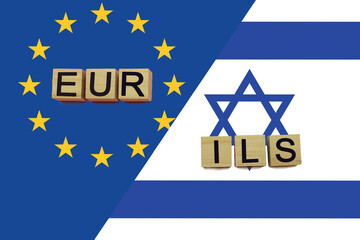 United Europe and Israel currencies codes on national flags background