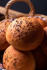 Food concept  fresh baked Homemade Hamburger buns on black background with copy space