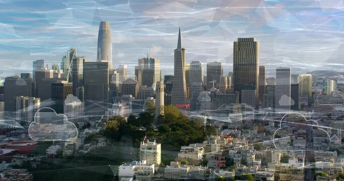 Aerial smart city. Network connections and cloud computing icons over San Francisco Financial District. Technology concept, data communication, artificial intelligence, IOT. Futuristic skyline. Red 8K