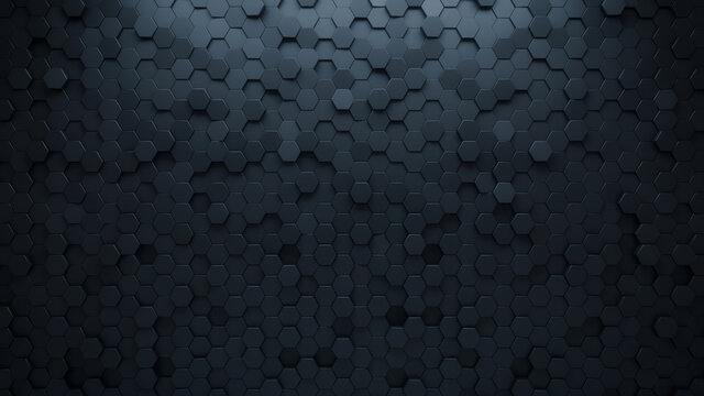 Futuristic, High Tech, dark background, with a hexagonal cellular structure. Wall texture with a 3D hexagon tile pattern. 3D render